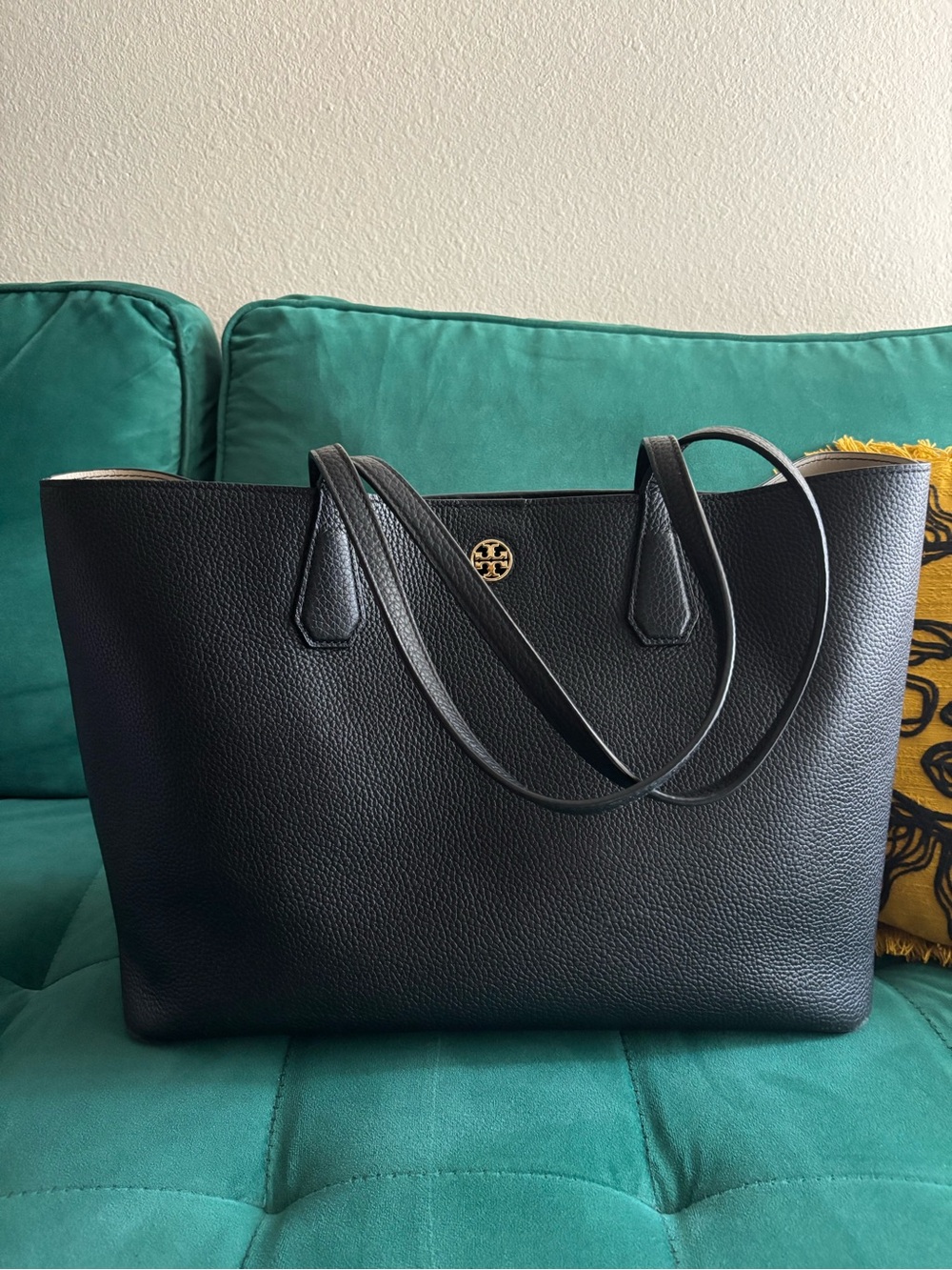 Tory Burch Black Pebbled Leather Tote with Gold Logo